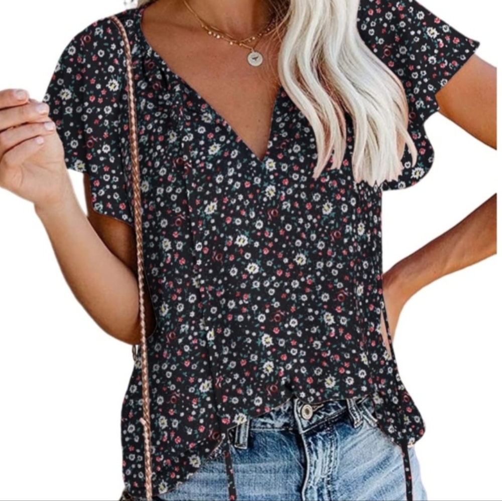 SimpleFun Navy Blue Floral Pattern Butterfly Sleeve Top Size XL